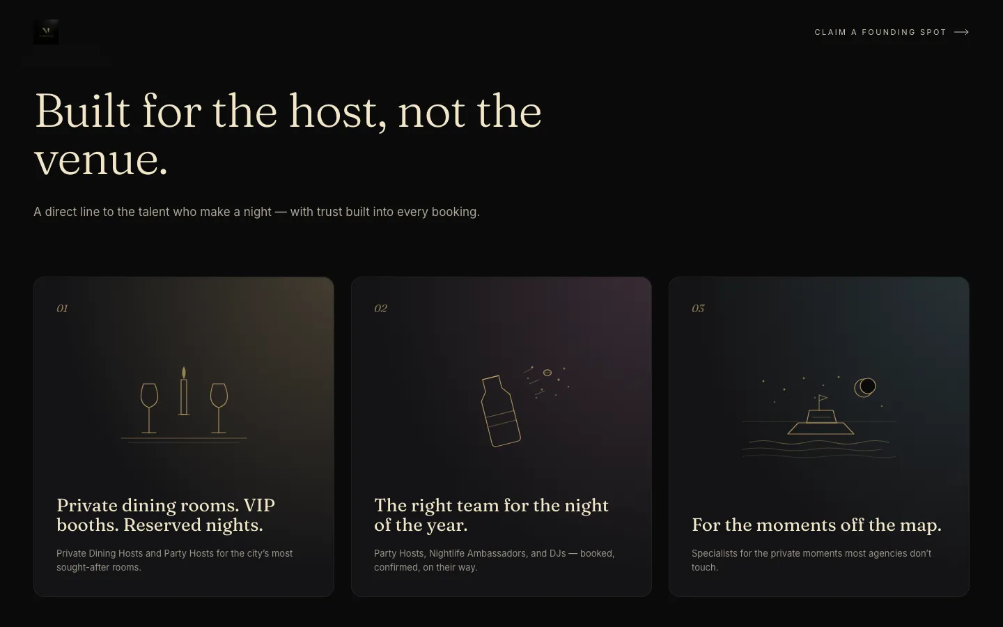 VIPMate launch site: editorial headline and three illustrated service cards