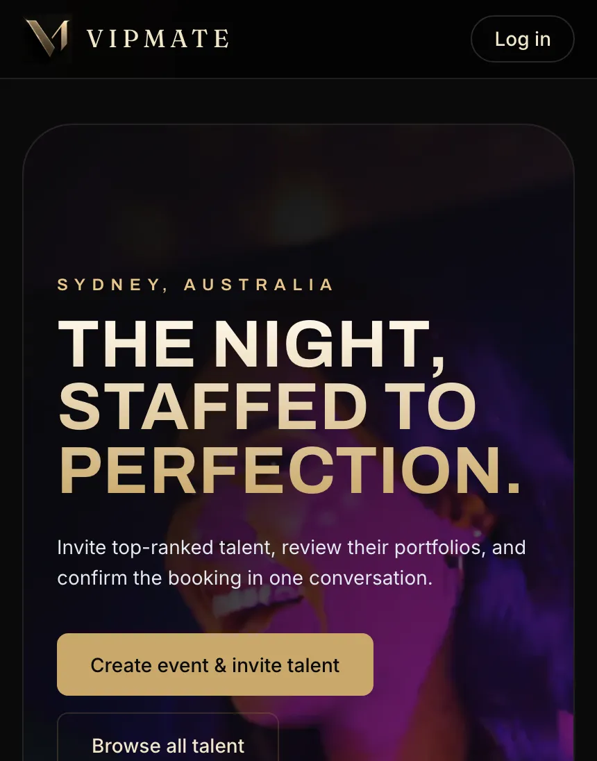 VIPMate product on a phone: talent directory with booking actions