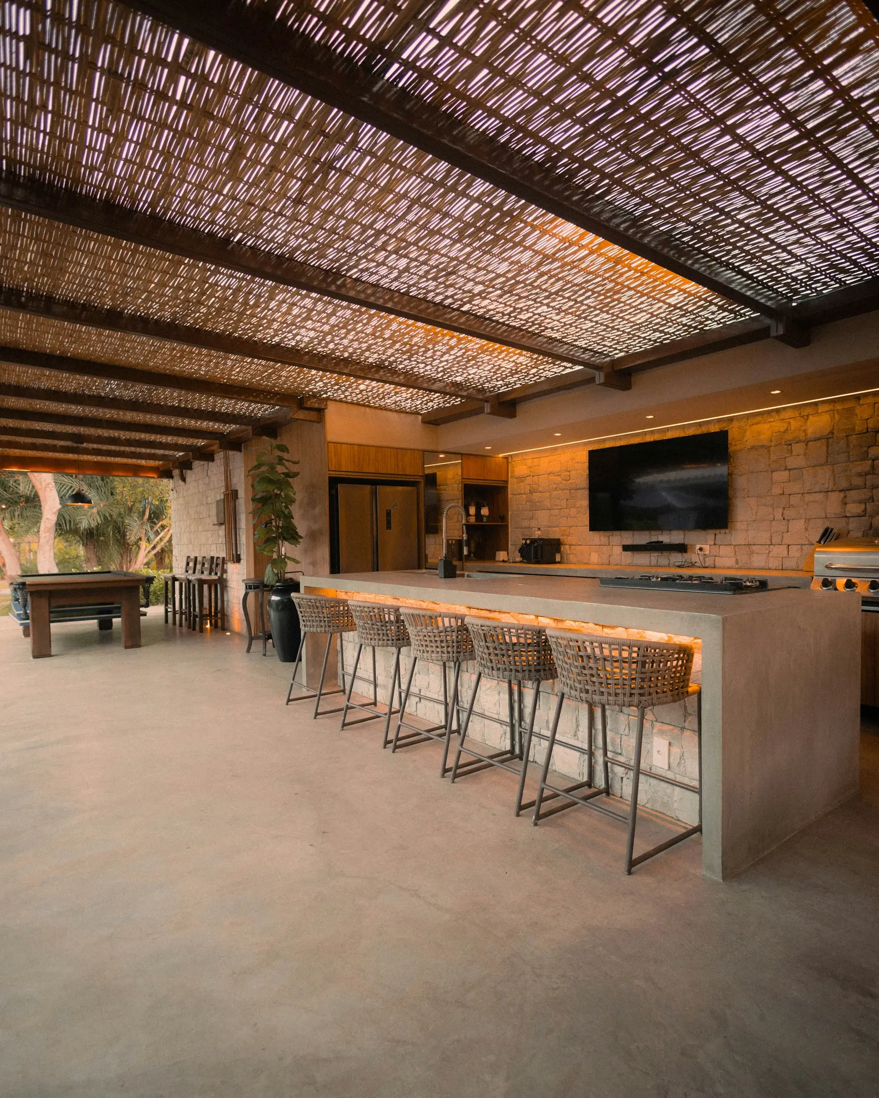 Outdoor kitchen at dusk
